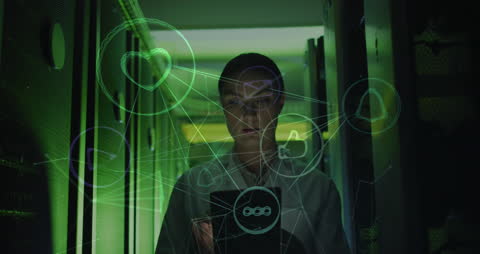 Futuristic Technology Network with Server Room Worker