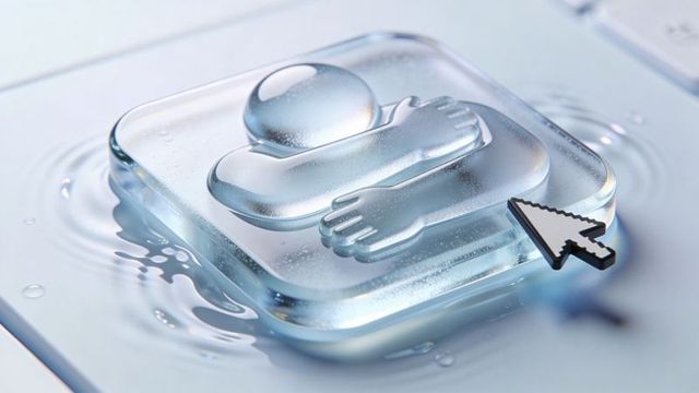 Glowing Glass Hug Icon with Pixel Cursor on Pale Blue Liquid Surface, Droplets and Ripples