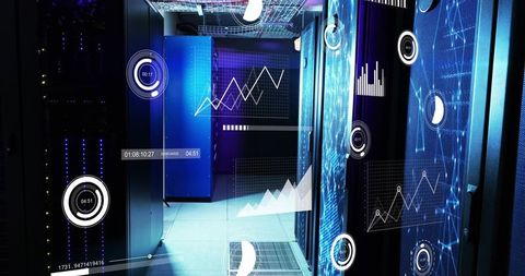 Central Server Cabinets Displaying HUD Analytics in Futuristic Blue Data Center Aisle