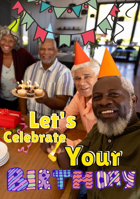 Composite of let's celebrate your birthday text and buntings, diverse senior friends with cupcakes. Together, home, retired, greeting, birthday card, wishing, event, template, art, poster and design.