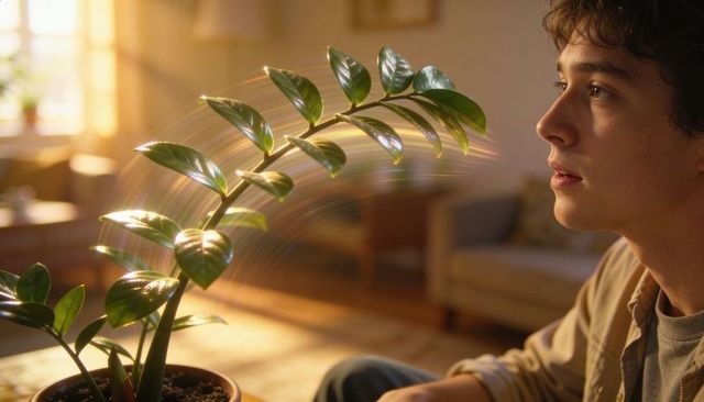 Young man gazing at glossy zz plant glowing in golden hour with rainbow lens flare