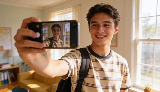 Teen taking selfie in sunny living room wearing striped tee and backpack, smiling