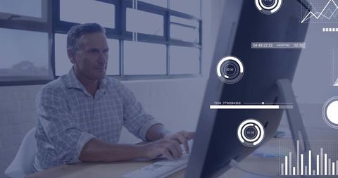Working mature man typing at curved monitor with analytics hud overlay in bright office