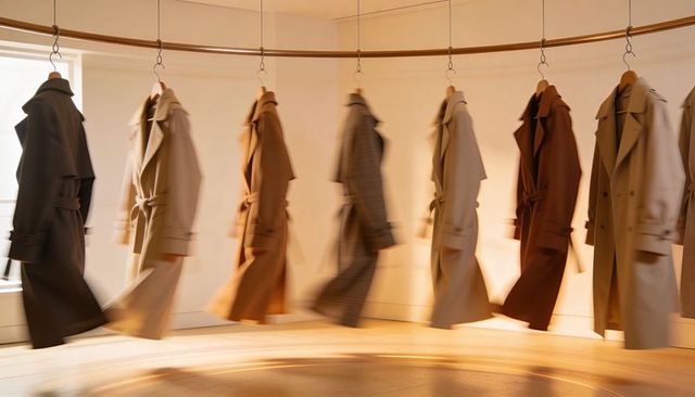Rotating trench coats on curved rail showcasing minimalist autumn outerwear