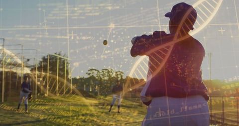 Baseball Pitcher on Field with DNA and Science Overlay