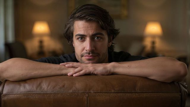 Intimate portrait of man reclining on brown leather sofa with warm lamps and relaxed gaze