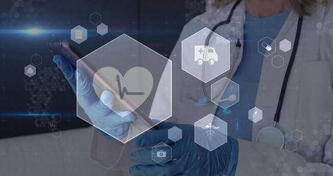 Doctor using digital health technology with medical interface icons