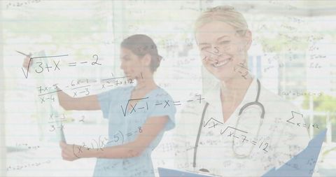 Medical Professionals Collaborating with Math Equations