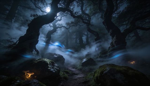 Moonlit Mossy Path Winding Through Misty Enchanted Forest with Glowing Mushrooms and Blue Light Trai