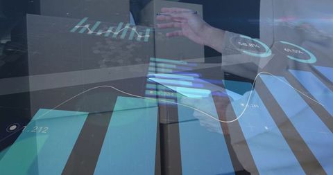 Mature executive pointing tablet showing augmented analytics dashboard with charts