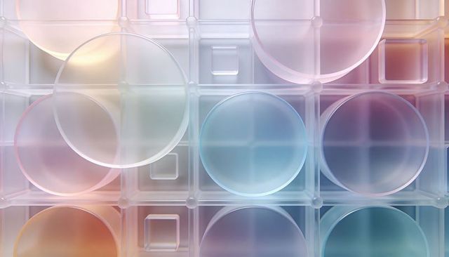 Translucent circular discs tessellating over glass cube grid with pastel gradient glow