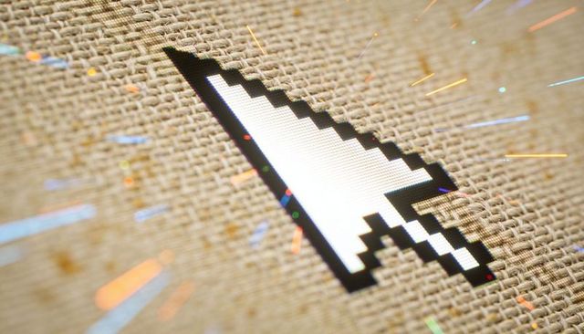 Pixel cursor pointing across burlap weave with colorful light streaks