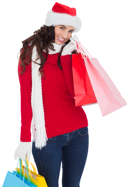 Cheerful Woman in Santa Hat with Shopping Bags Transparent Holiday Theme - Download Free Stock Videos Pikwizard.com