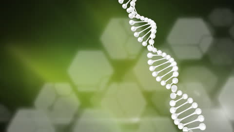Spinning DNA Strand on Green Hexagonal Background