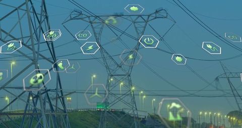 Smart grid technology interface with power lines and digital icons