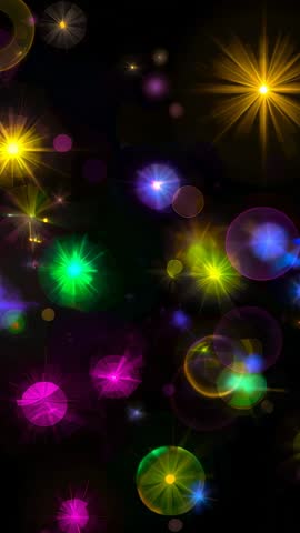 Vertical ambient neon orbs and starbursts drifting down on black for loopable motion background
