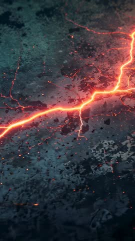 Vertical cinematic video of pulsing molten fissure cracking rugged rock with glowing embers