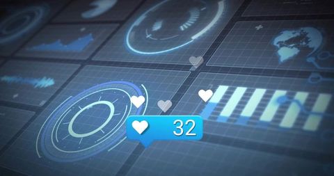Displaying futuristic social media like counter HUD with floating hearts and data viz
