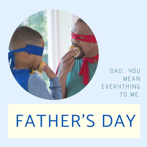 Father and Son in Superhero Costumes Celebrating Father’s Day