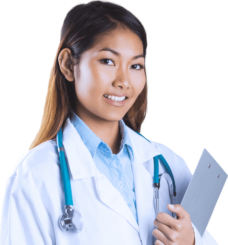 smiling asian doctor holding clipboard on transparent background - Download Free Stock Videos Pikwizard.com