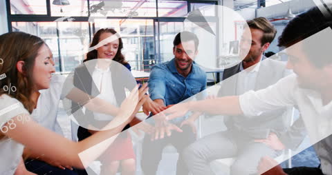 Team Celebrating Achievement with Financial Data Overlays