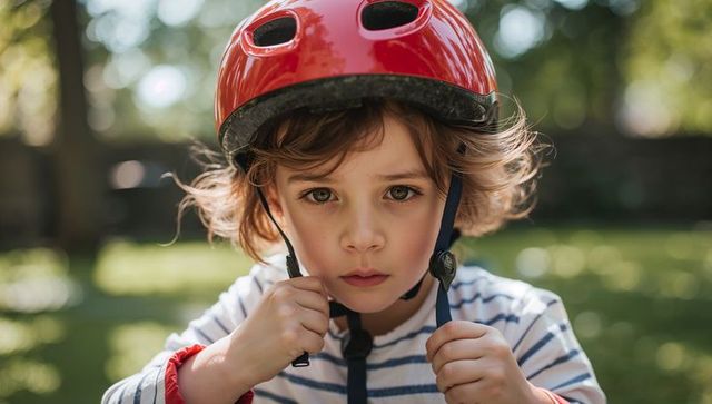 Preschool boy fastening red bicycle helmet while preparing for ride in sunlit park