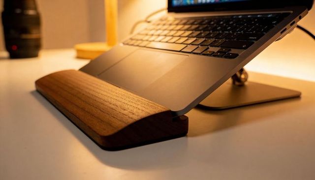 Aluminum laptop sitting on adjustable metal stand with wooden wrist rest warm desk setup