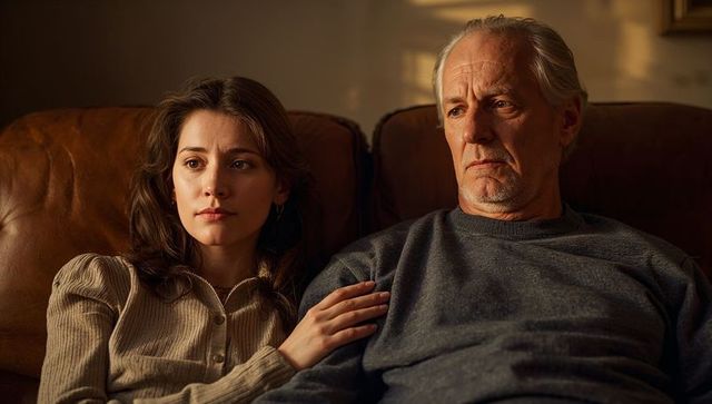 Adult daughter comforting elderly father on leather sofa at dusk, intimate family support