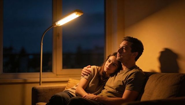 Couple cuddling on sofa at night under warm floor lamp, cozy intimate evening indoors