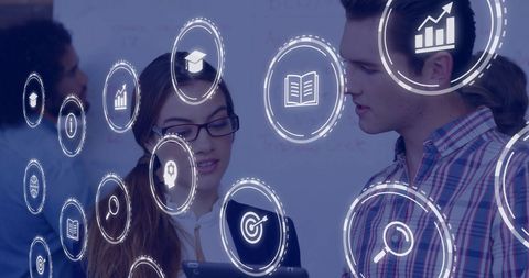 Diverse Professionals Discussing with Digital Infographic Overlay