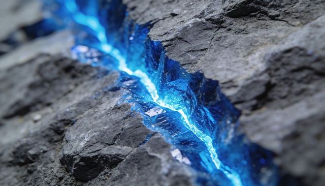 Glowing blue crystal vein cutting through dark rock macro close-up of luminescent fissure