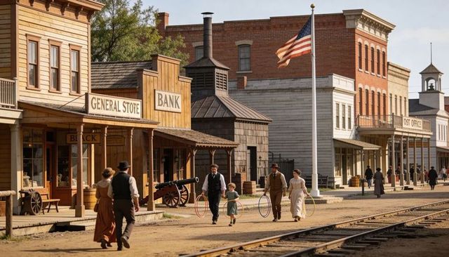 Frontier main street with period-dressed family walking past general store and bank