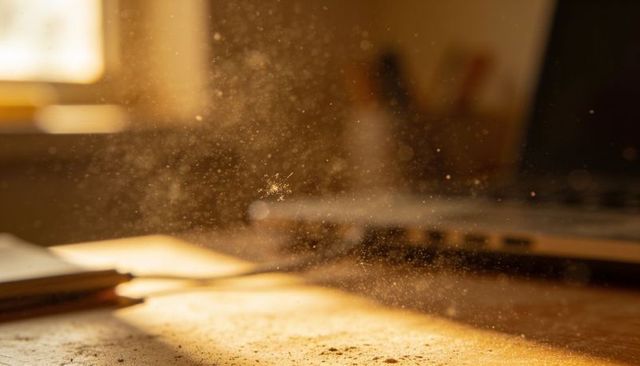 Golden sunlight illuminating floating dust motes over wooden desk with notebook and laptop