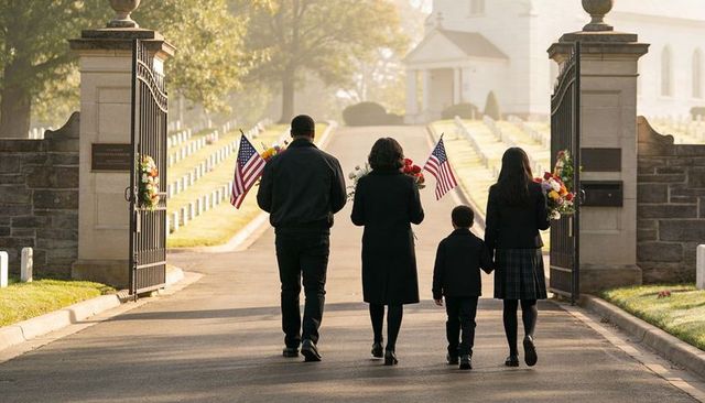 Family walking through military cemetery carrying american flags and flowers