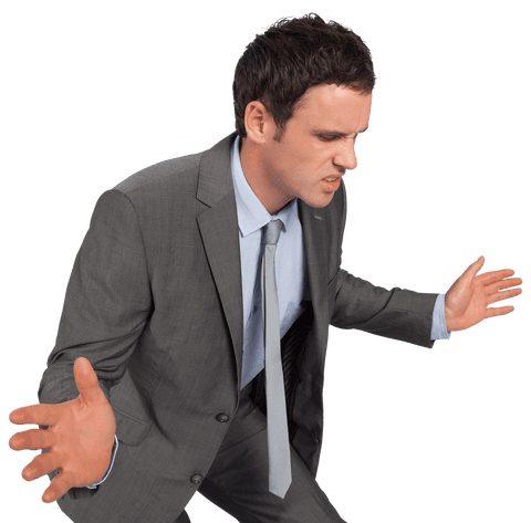 Transparent businessman with hands raised complaining
