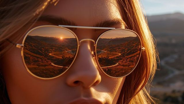 Gazing woman wearing gold aviator sunglasses reflecting winding mountain road at sunset