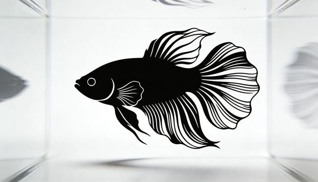 Black betta silhouette floating in glass tank minimalist monochrome aquarium decal design