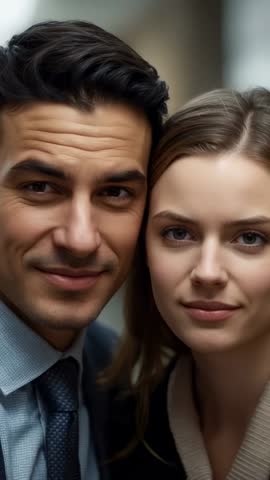 Smiling professional couple posing in office corridor, corporate attire vertical video