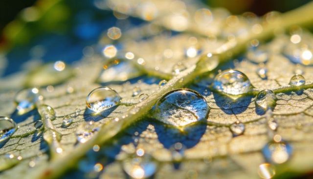 Sunlit leaf vein with dew droplets reflecting star glints macro nature bokeh morning