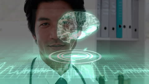 Smiling Asian Doctor with Digital Brain Hologram Overlay