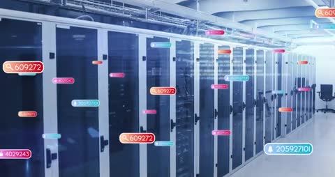 Futuristic Data Center Corridor with Digital Overlays