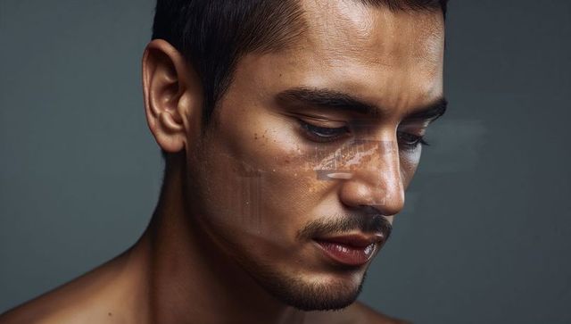 Contemplating man with trimmed beard and bridge double exposure showing urban introspection