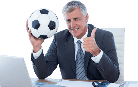 Smiling Businessman Holding Soccer Ball Giving Thumbs Up Transparent