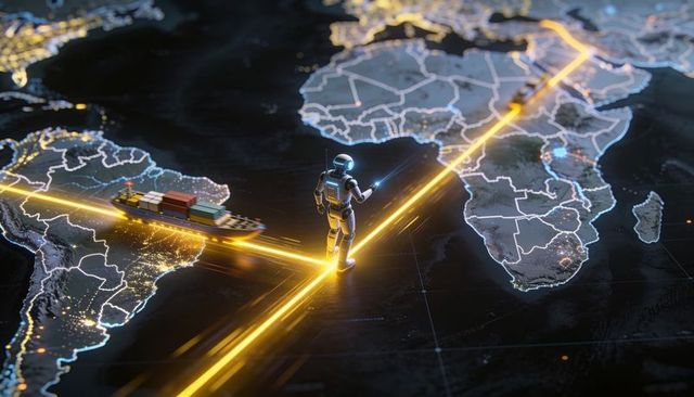 Autonomous robot directing global shipping on holographic trade routes with neon data lines