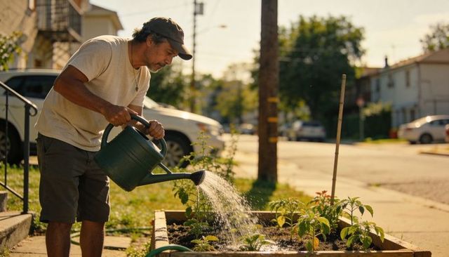 Middle-aged man watering raised planter with green watering can on sunny suburban sidewalk