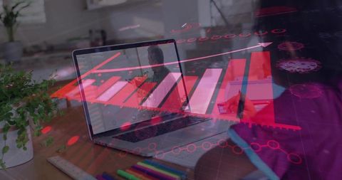 Analyzing Remote Data on Laptop and Tablet with Red Growth Chart Overlay for Business Insights