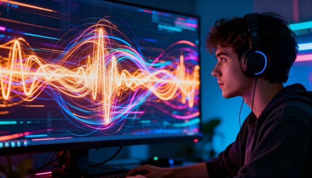 Young man wearing headphones mixing audio in neon home studio with vivid waveform display