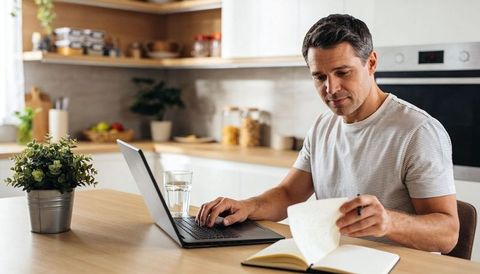 Man working from home at kitchen table with laptop and notebook, natural light and calm