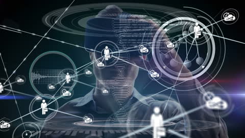 Man Experiencing VR with Futuristic Network Overlay