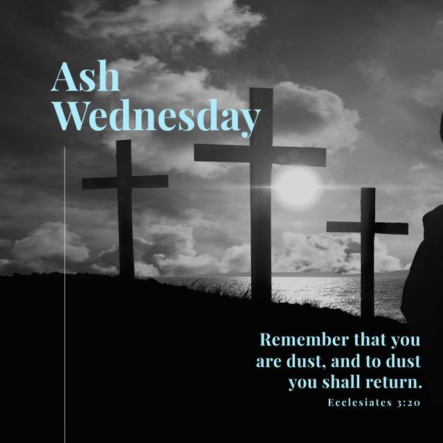 Silhouette of three crosses under a dramatic, cloudy sky with a sunset in the background. Ash Wednesday and Ecclesiastes 3:20 text overlay inspiring reflection and repentance. Perfect for use in religious posts, church bulletins, inspirational posters, and social media announcements.